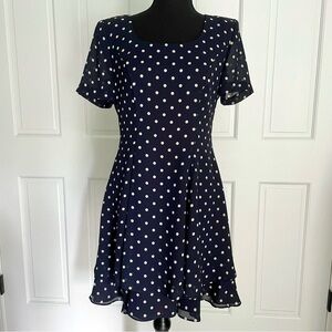 Vintage Jeffrey & Dara Petite Polka Dot Dress Size 6 Navy Blue and Cream